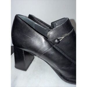 Vtg Womens Black Leather Loafer Chunky Square Heel Shoes Sz 8.5 Bocci Italy Y2K
